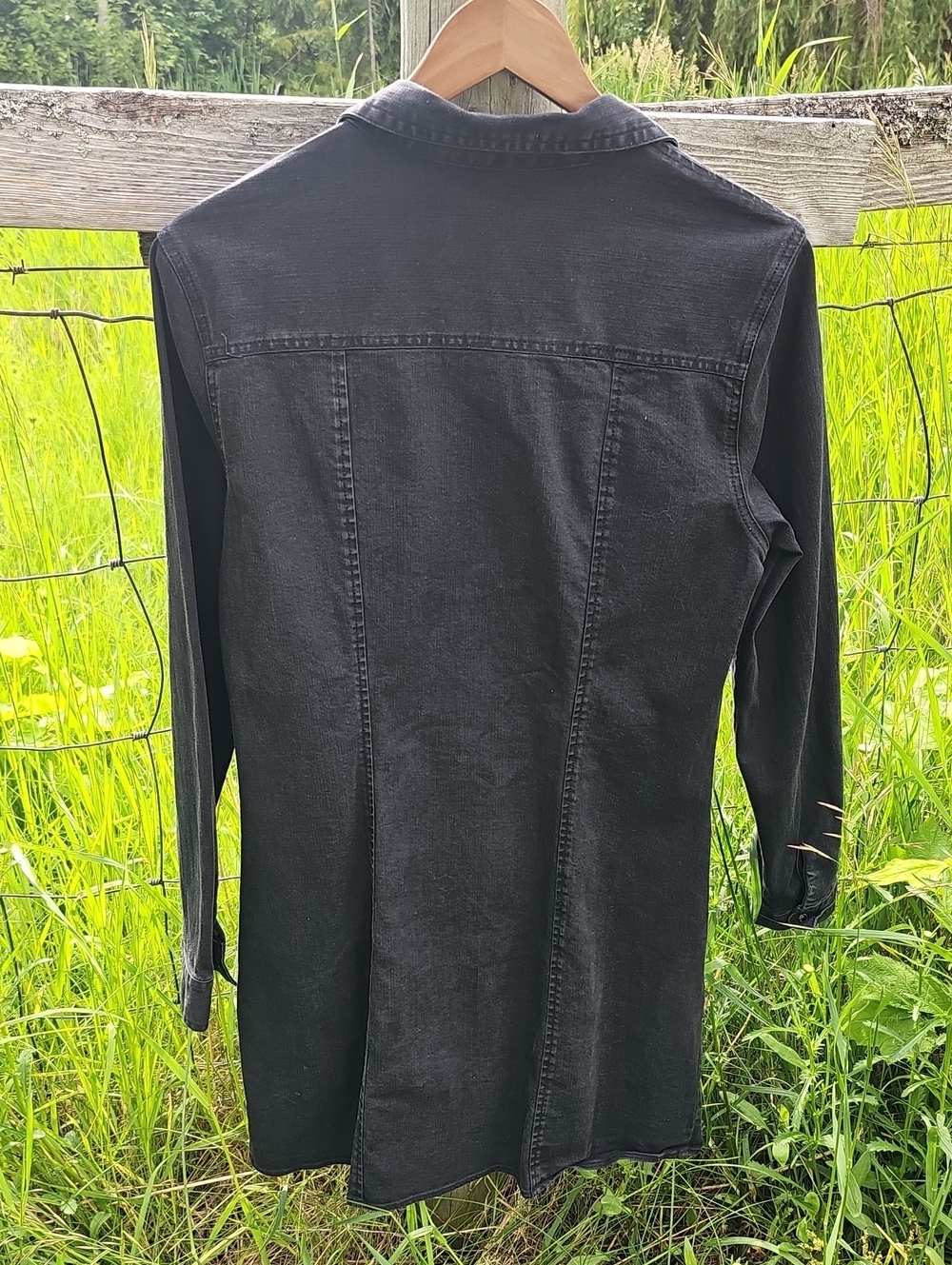 Black Denim Velvet Heart Shirt Dress | Button Front | Long Sleeve | Size L - Picture 3 of 7